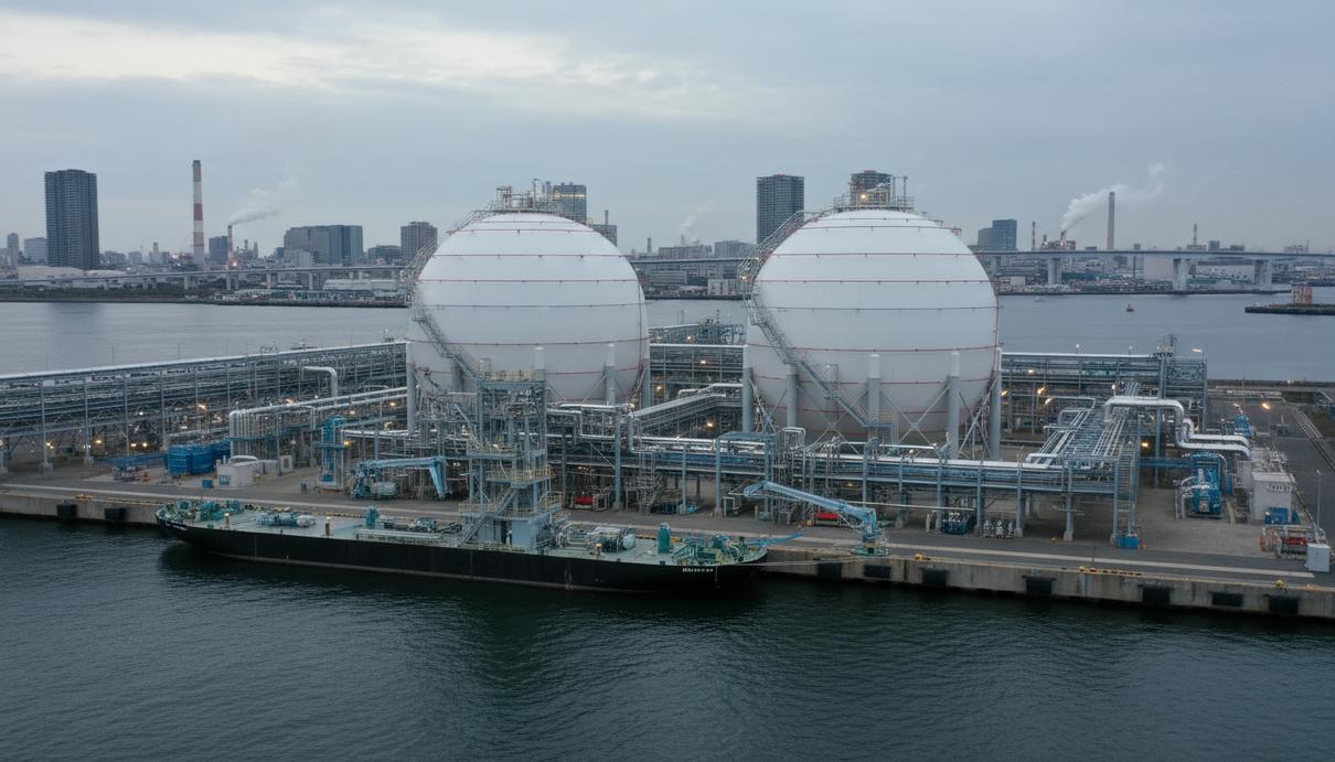 Сферические резервуары и криогенные трубопроводы на промышленном терминале для хранения сжиженного водорода.