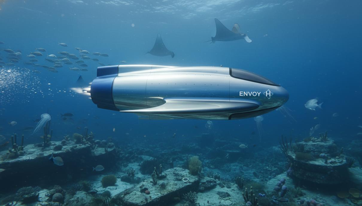 Автономный подводный аппарат обтекаемой формы движется в толще океанской воды на фоне морского дна