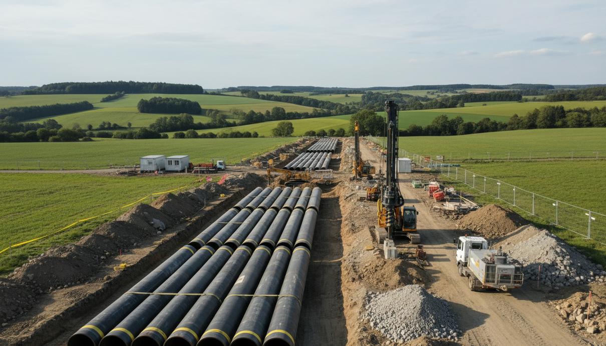 Стальные трубы большого диаметра и строительная техника на месте будущей прокладки водородной магистрали в поле.