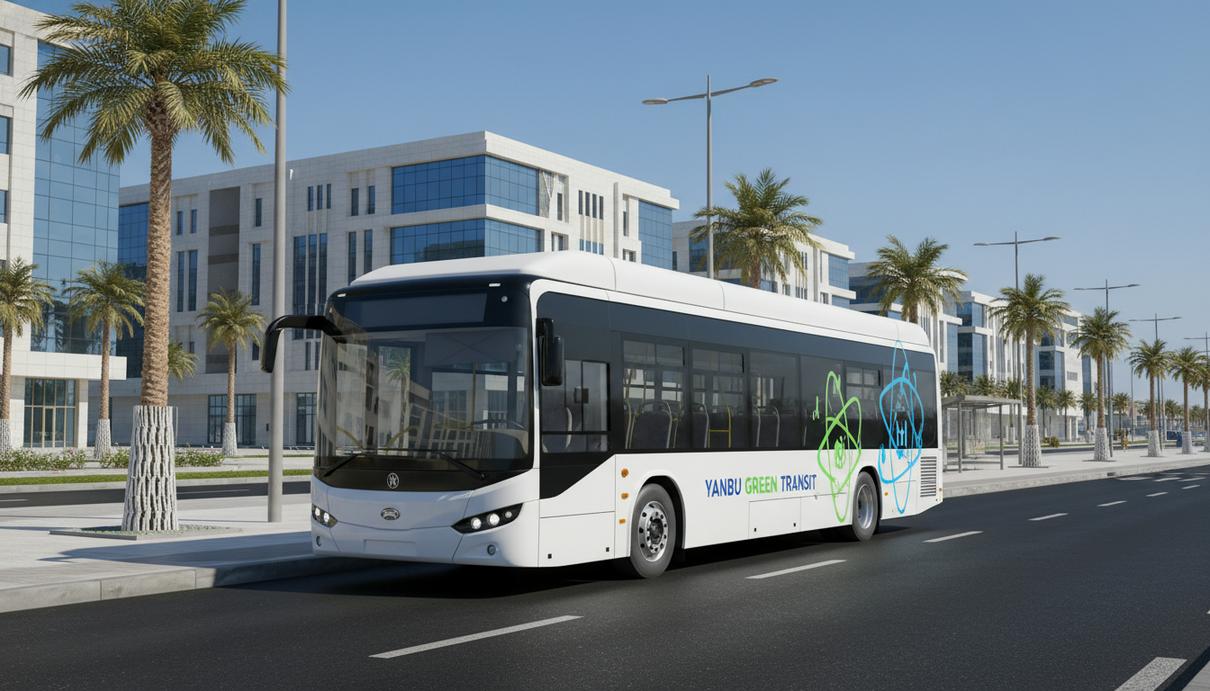 Современный белый автобус на водородных топливных элементах на городской улице в Саудовской Аравии.