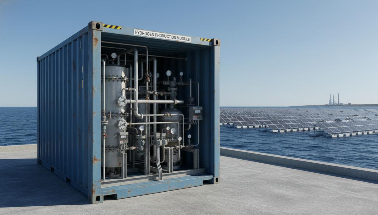 Промышленная установка из труб и контейнеров на берегу моря рядом с солнечными панелями в Циндао