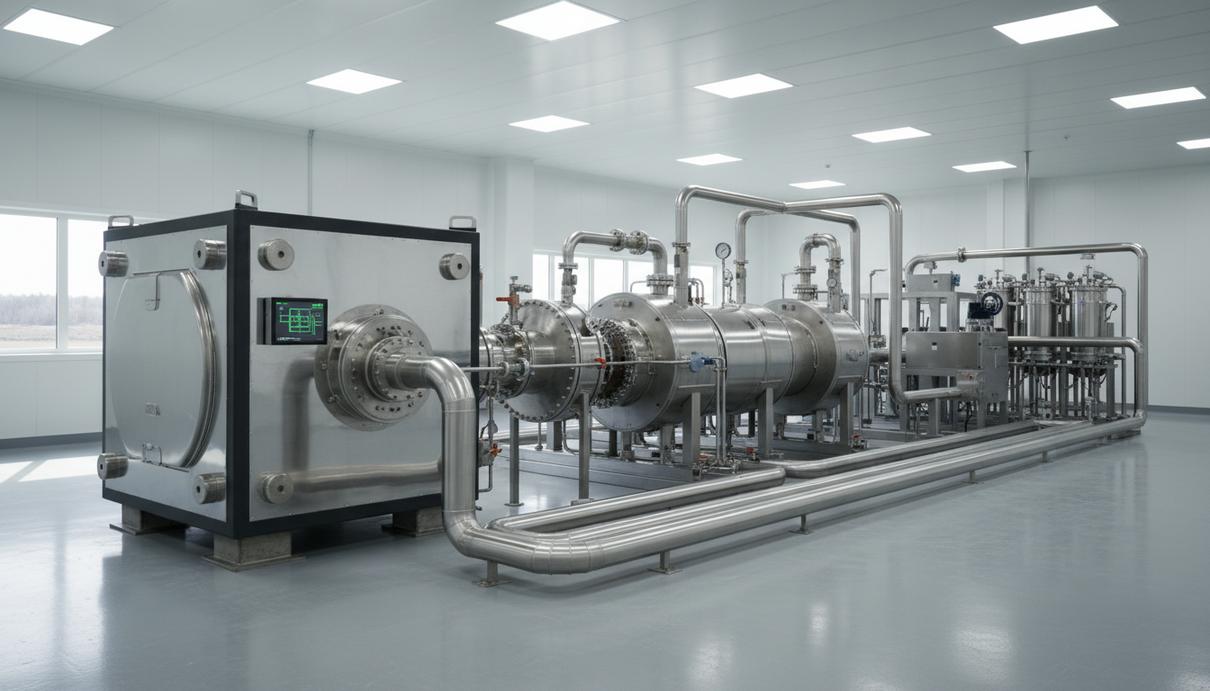 Внешний вид промышленного микрореактора со стальными трубами на станции по производству водорода