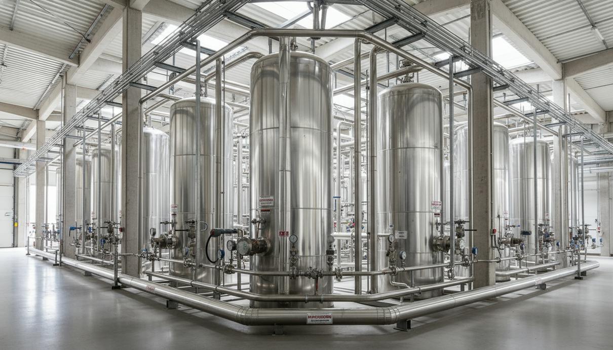 Металлические резервуары и заправочные узлы водородной станции на фоне промышленного здания.