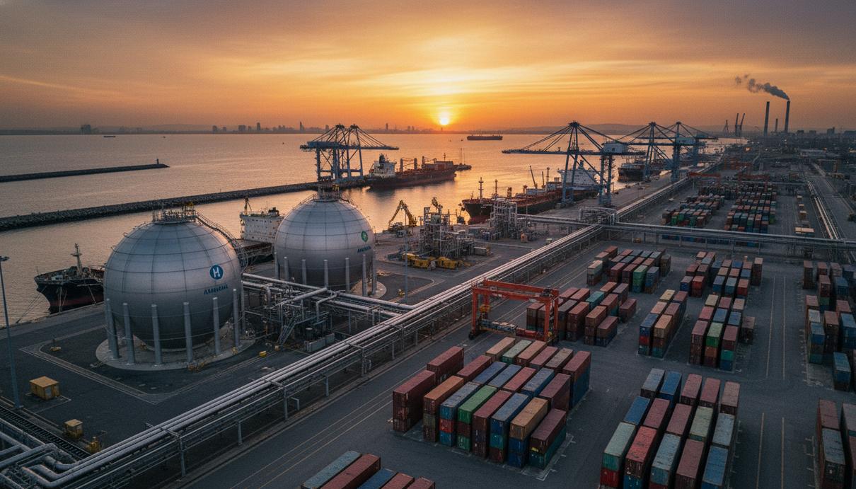 Промышленные резервуары для хранения топлива и портовые терминалы на морском побережье