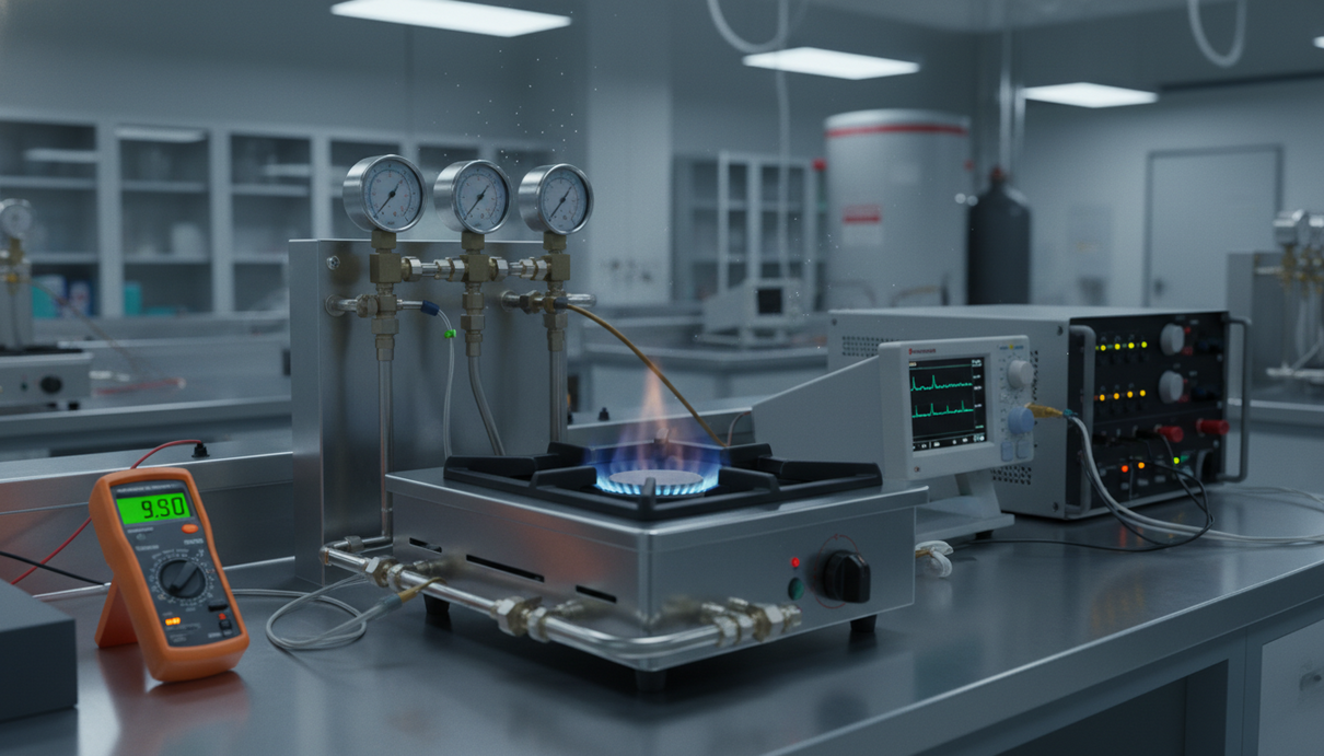 Современная газовая плита с горящей синей конфоркой в испытательной лаборатории с датчиками и трубами.