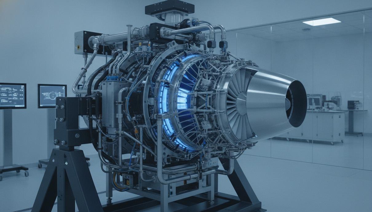 Safran и ZeroAvia займутся разработкой водородных авиадвигателей Прототип водородно-электрического авиационного двигателя на испытательном стенде в лаборатории, видны сложные системы трубок и проводов.