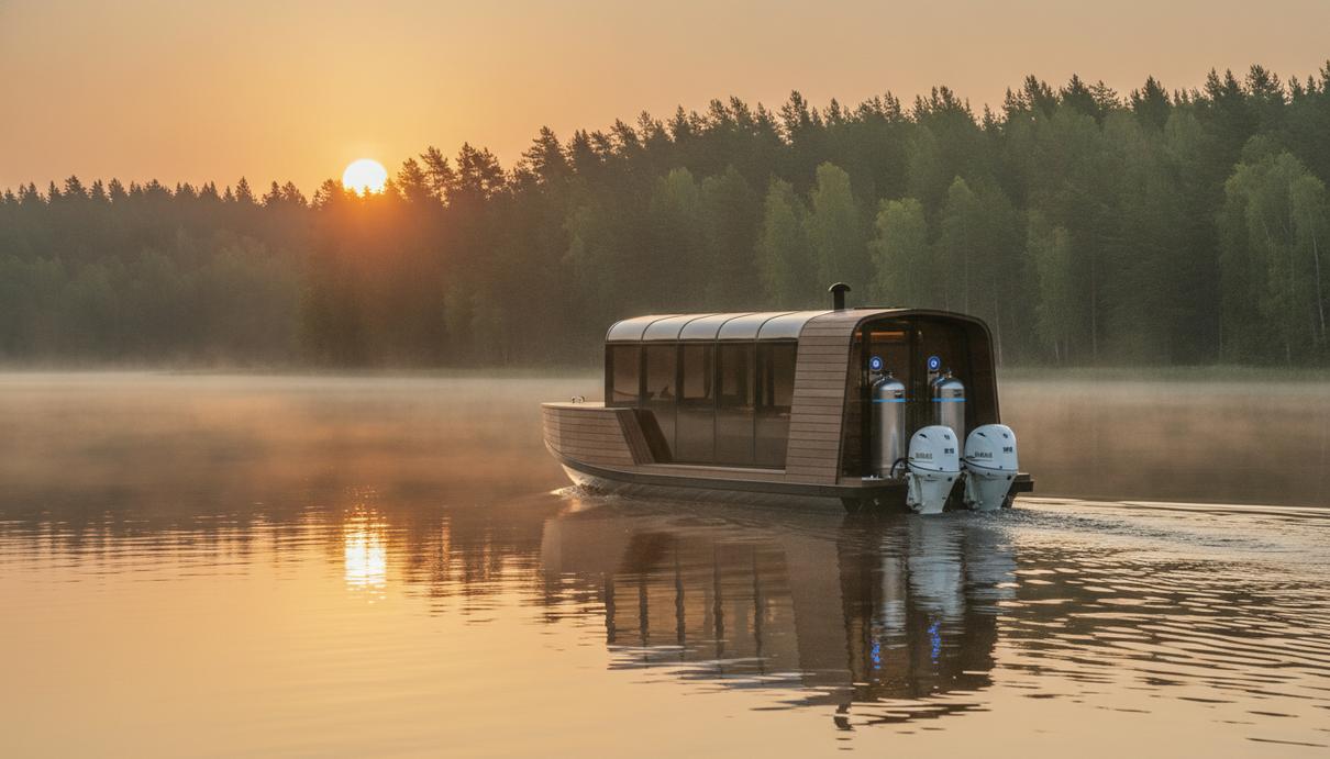 Современная лодка-сауна с водородными баками и электромоторами на озере в Финляндии на фоне лесистого берега.