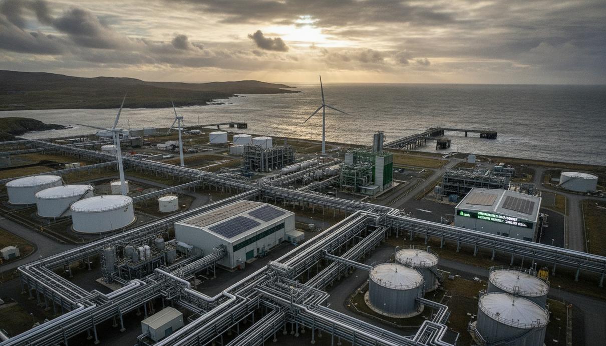 Промышленный пейзаж нефтегазового терминала Саллом-Во на Шетландских островах. Крупные резервуары и трубопроводы на фоне сурового побережья.