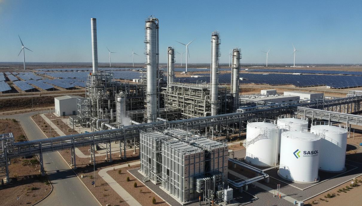 Sasol и Envision Energy оценят проект зелёного водорода в ЮАР Промышленный комплекс по производству зелёного водорода в ЮАР, включающий электролизёр, резервуары для хранения и ветряные турбины.
