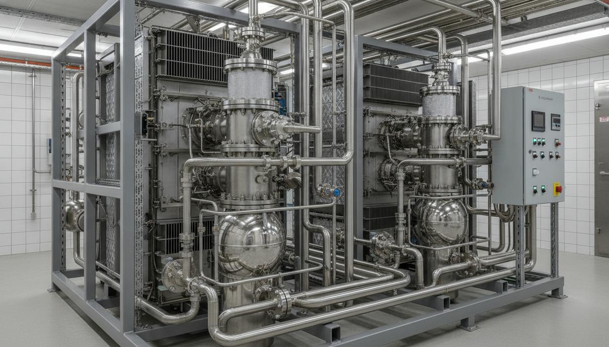 PowerCell поставит DLR стенд для испытаний метанольных энергоустановок Промышленная энергетическая установка на топливных элементах в морском испытательном центре. Видны модули, баки и трубопроводы.