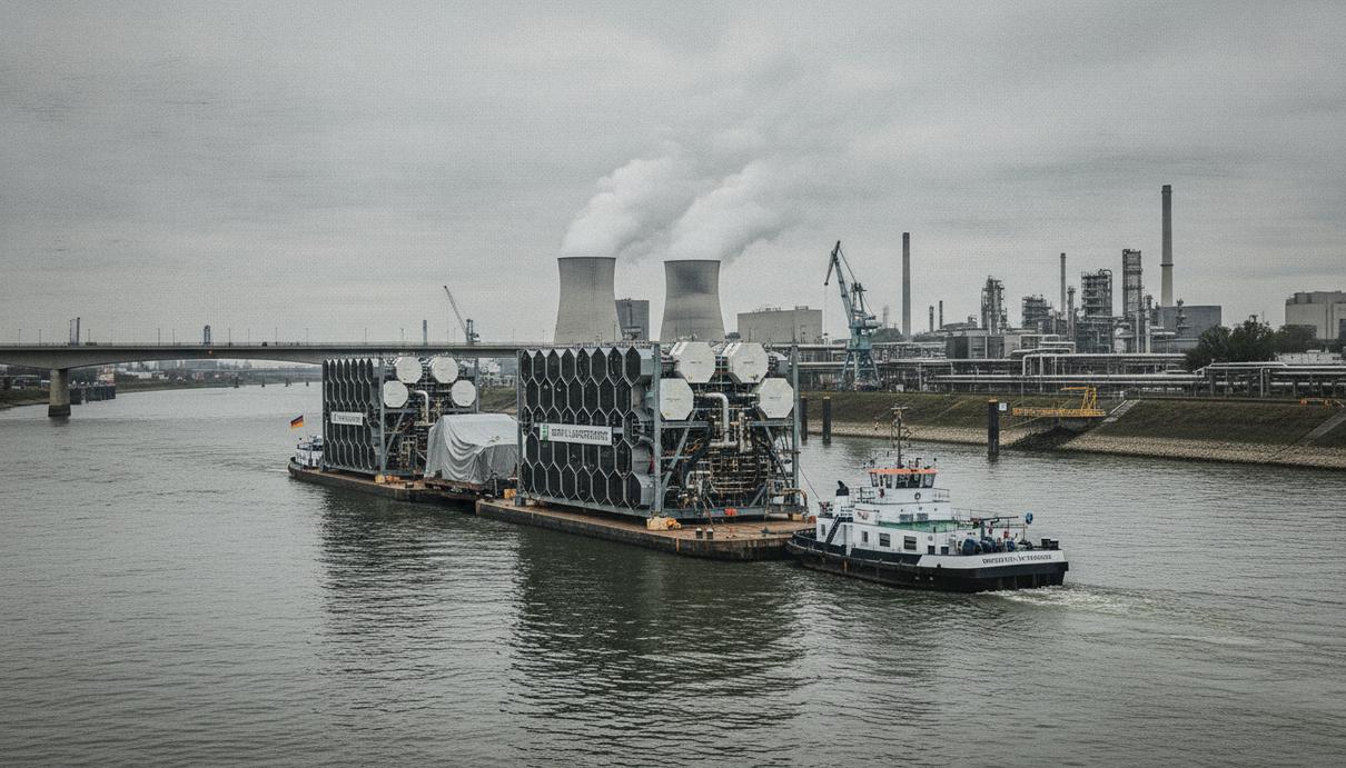 Sunfire поставила электролизеры на 100 МВт для водородного проекта RWE Крупные промышленные электролизеры для водородного завода на барже, плывущей по реке на фоне индустриального пейзажа.