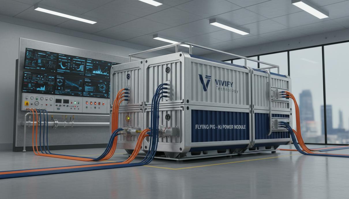 Контейнерная водородная энергетическая установка VIVIFY HOG в лаборатории, подключенная к измерительным приборам