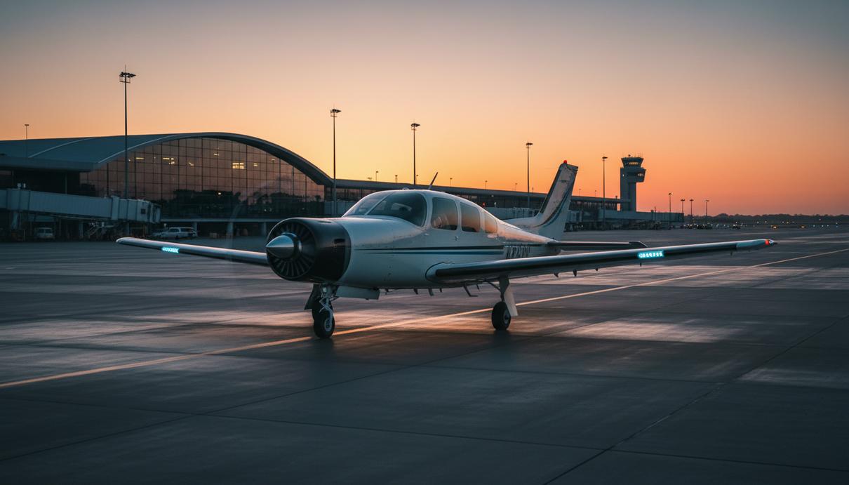 Модернизированный одномоторный самолёт Beechcraft Bonanza A36 на водородном топливе рулит по аэродрому в аэропорту Брисбена.