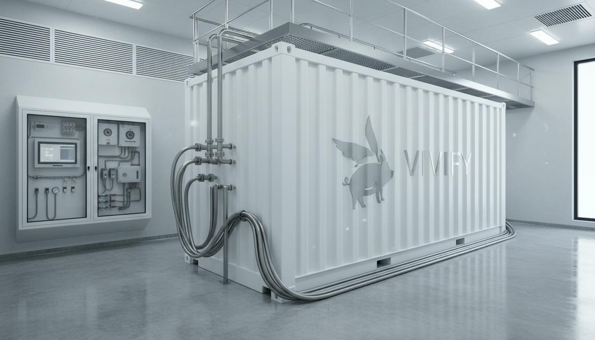 Контейнерная водородная энергетическая установка VIVIFY в промышленном помещении, подключённая к измерительному оборудованию.