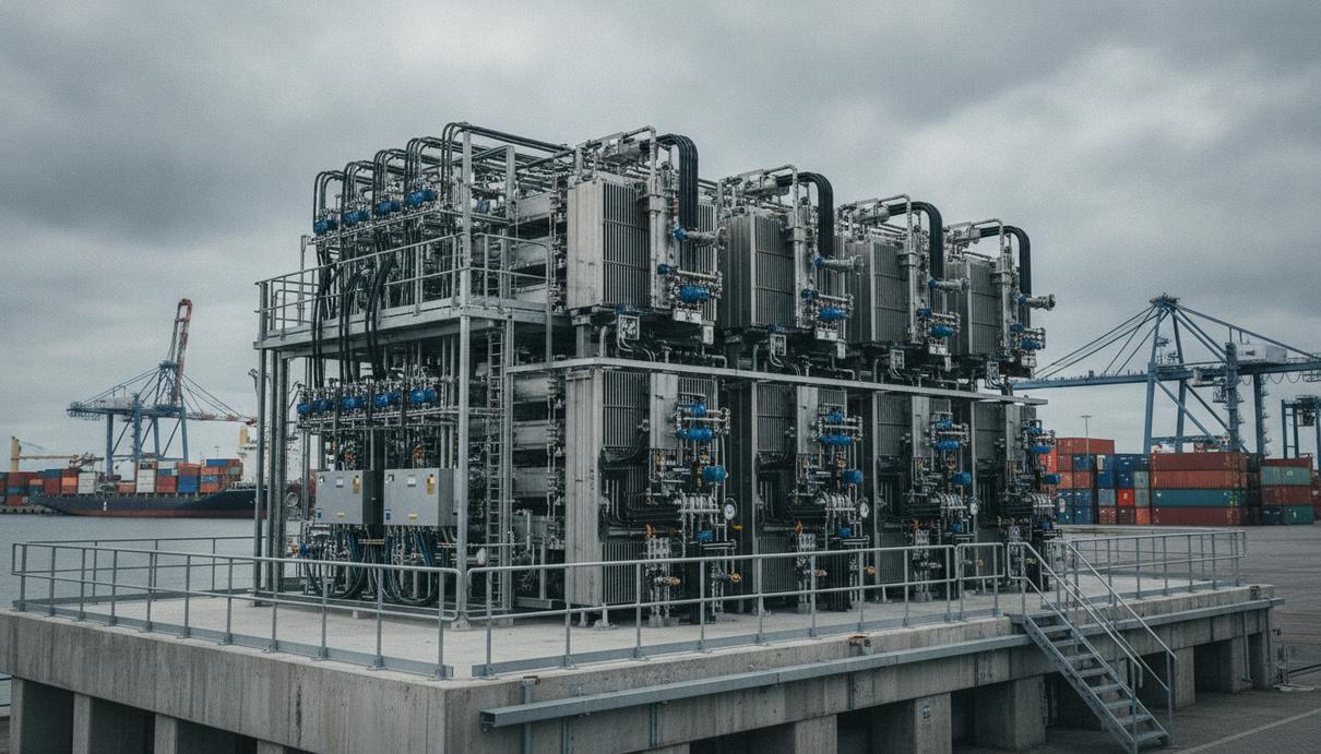 Промышленный модуль AEM-электролизёра Power to Hydrogen в порту Антверпен-Брюгге на фоне портовых кранов и контейнеров.