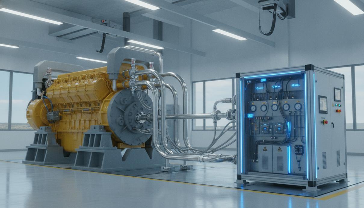 Промышленный двигатель Komatsu на испытательном стенде, соединённый с установкой для крекинга аммиака в заводском цехе.