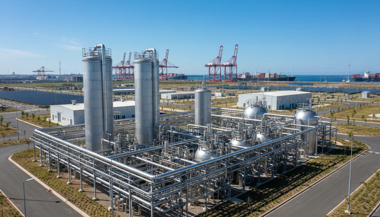 Power to Hydrogen начала выпуск зелёного водорода в порту Антверпена Установка для производства зелёного водорода в промышленной зоне порта Антверпен-Брюгге. Серебристые резервуары и технологические трубопроводы на фоне портовых кранов.