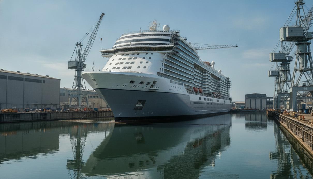 Новый круизный лайнер Viking Astrea в строительном доке судоверфи Fincantieri во время спуска на воду.