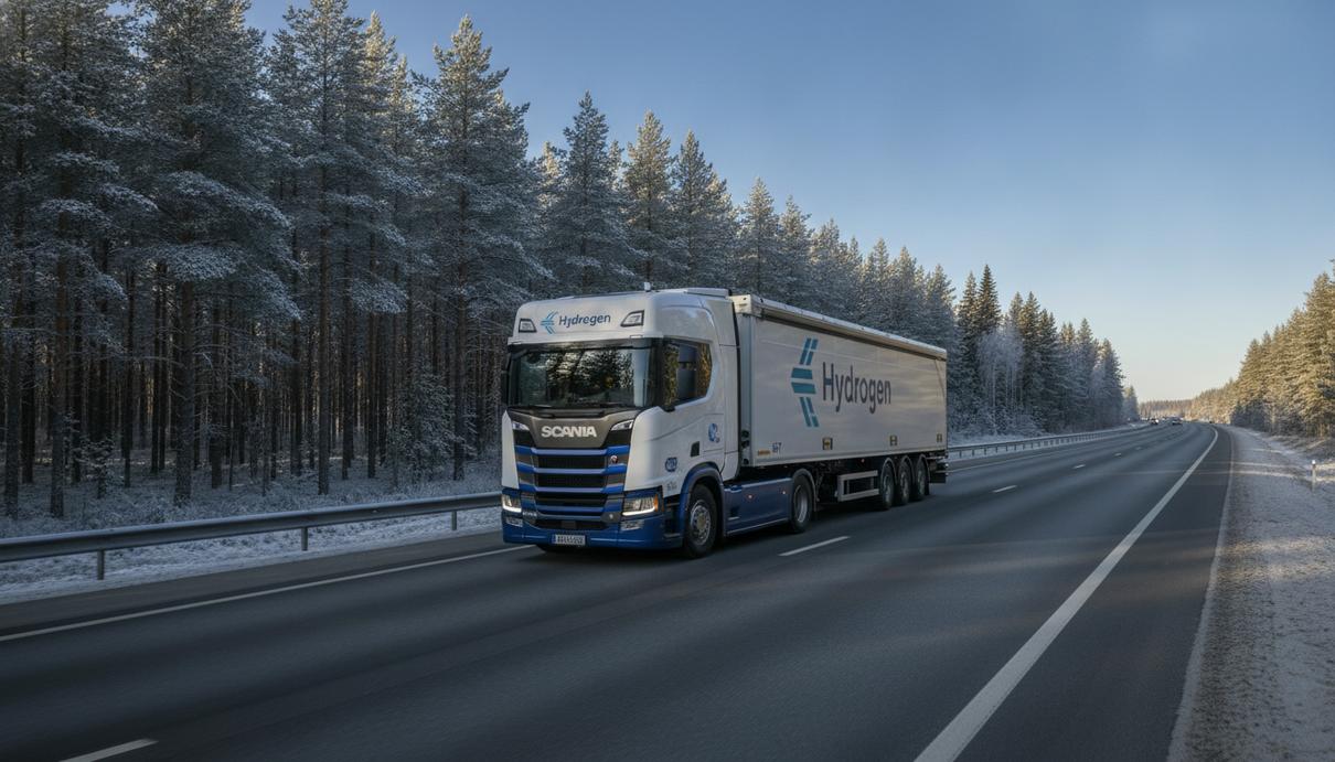Тяжелый водородный автопоезд Scania с полуприцепом едет по трассе в Финляндии на фоне хвойного леса.