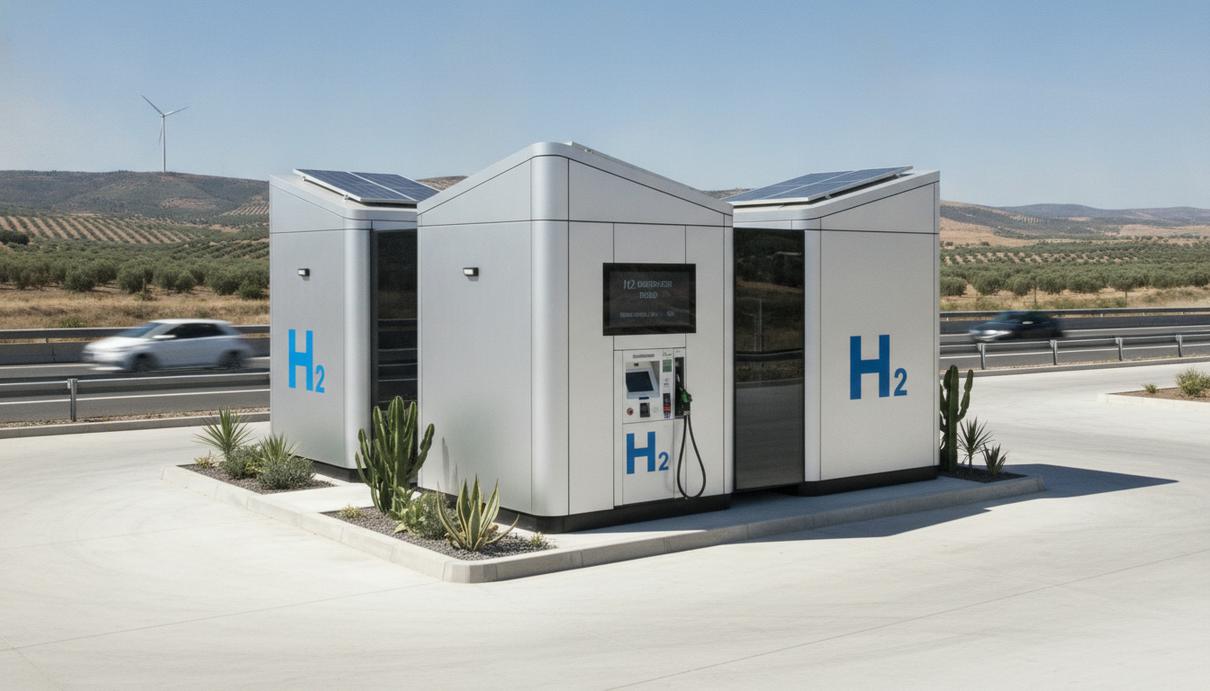 HVR Energy привлекла €20 млн на строительство сети водородных заправок в Испании Современная компактная водородная заправочная станция с колонкой и резервуаром для хранения водорода на фоне дороги в Испании.