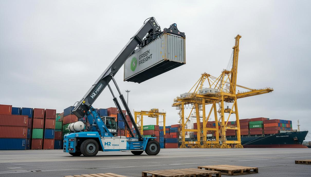 Водородный ричстакер Hyster поднимает грузовой контейнер в порту Тилбери на фоне штабелей контейнеров и причальных кранов.