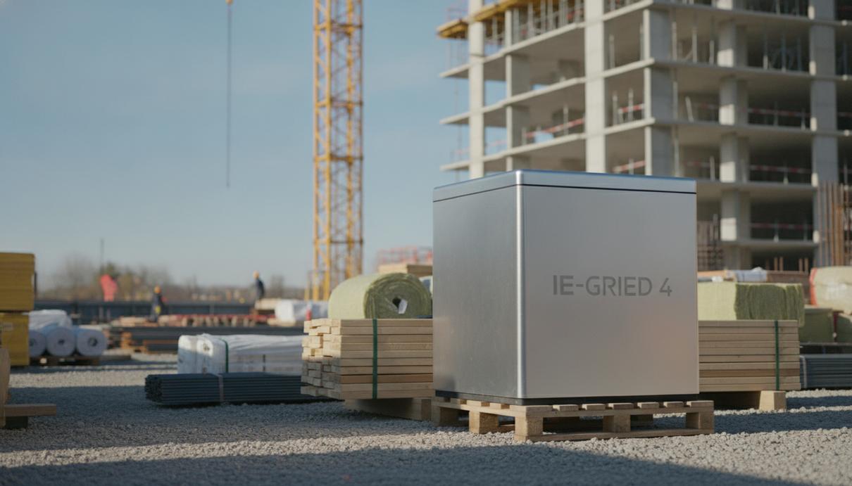 Компактный мобильный водородный генератор IE-GRID 4 на фоне строительной площадки. Установка в металлическом корпусе.