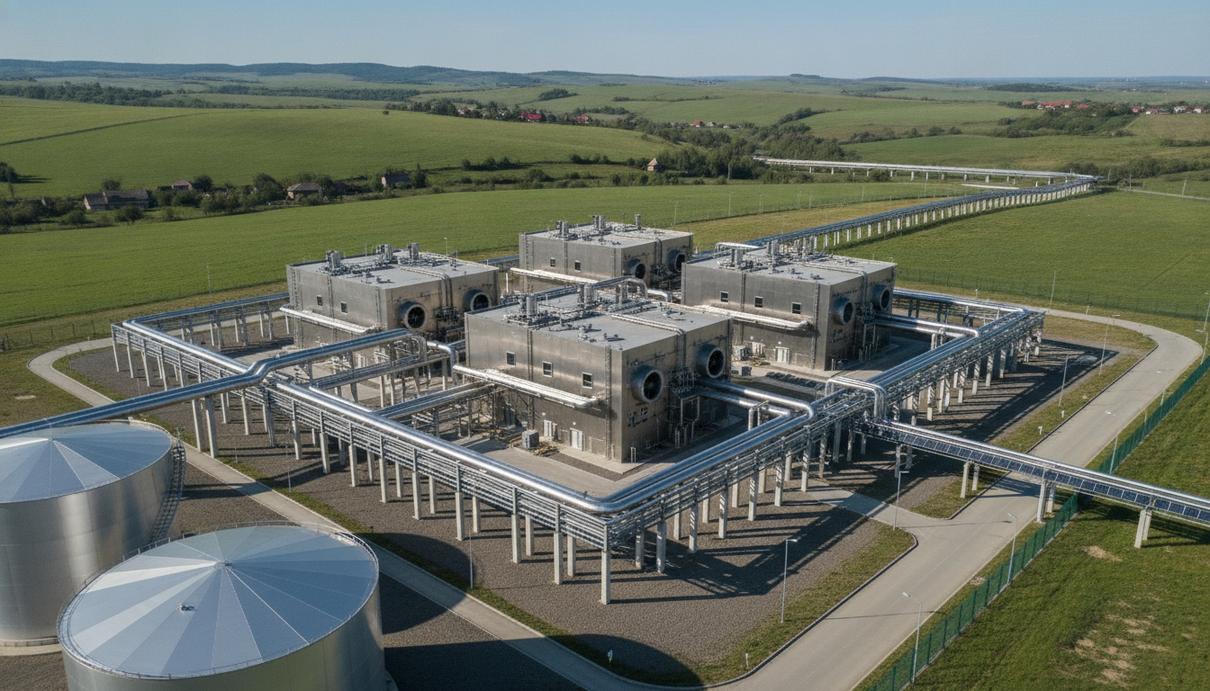 Kawasaki и Transgaz займутся транспортировкой водорода по газопроводам в Румынии Современная компрессорная станция для водорода и сеть новых трубопроводов в холмистом пейзаже Румынии.